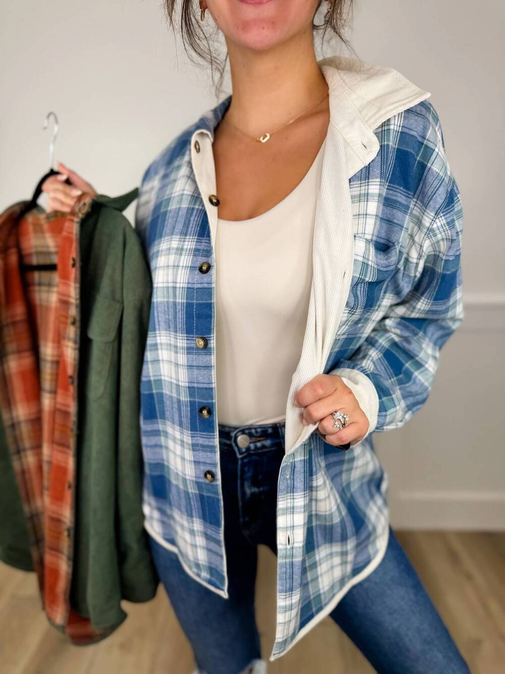 NEW MELLO ribbed long sleeve reversible flannel shirt in ivory/blue
